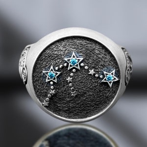 Aquarius Zodiac Ring – Sterling Silver Signet with Constellation & Horoscope Symbol – Handmade Astrological Jewelry for Lovers