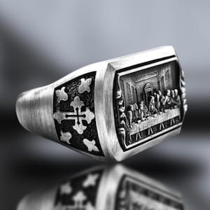 Jesus Christ The Last Supper Leonardo Pattern Signet Ring, Last Supper Handmade Sterling Silver Men Ring, Cristian Anniversary Gift Him