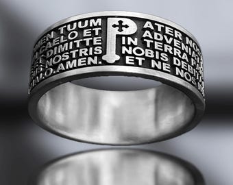 The Lord&#39;s Prayer in Latin Ring, Prayer Ring for Christians, Jesus Prayer to Our Father Ring, Catholic Mens Jewelry, Religious Jewelry