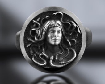 Sterling Silver Medusa Ring: Engraved Gorgon Snake Ring, Gothic Jewelry