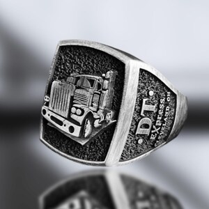 Personalisierter LKW Fahrer Ring, Familienwappen LKW Fahrer Ring in 925 Sterling Silber, LKW Fahrer Ring Geschenk für Männer