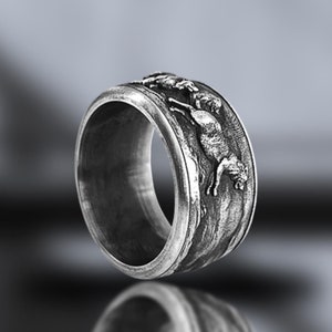 925 Sterling Silver Wolf Family Silver Mens Nature Band Ring, Engraved Wolf Oxidized Promise Ring For Boyfriend, Mens Wedding Band Ring