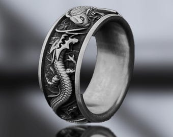 Handmade Sterling Silver Dragon Koi Fish Ring: Men's Band