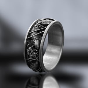 Japanese Koi Fish Sterling Silver Ring – Handcrafted Lucky Mens Band – Silver Floral Carp Koi Fish Wedding Ring for Lovers