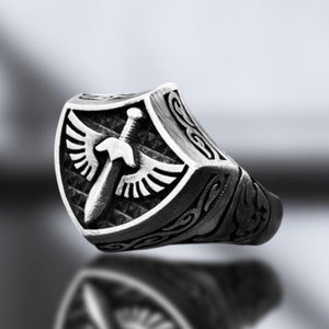 Sterling Silver Knight Ring For Man, Mens Sword Shield Unique Ring, Masculine Mens Shield Ring, Stylish Sterling Silver Knight Ring for Men