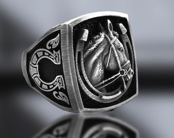 Oxidized Sterling Silver Horse Head Ring - Equestrian Jewelry