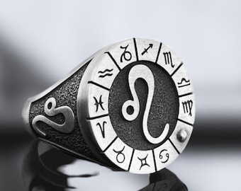 Graverad Lejon Stjärnteckensring - Lejonsmycken i sterlingsilver