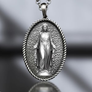 Handmade Silver Miraculous Medal, Personalized Silver Holy Mother Pendant, Virgin Mary Pendant, Religious Christian Silver Baptism Gift