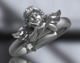 Handmade Angel Ring: Sterling Silver Star Diamond, Celestial Jewelry