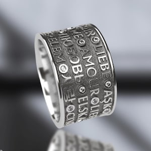 Love Sparkle Ehering - 925 Sterlingsilber-Band mit 'Love' in 25 Sprachen und Zirkonsteinen - Handgefertigter Verlobungsschmuck