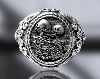 Eternal Kiss Skeleton Lovers Gothic Ring • Memento Mori Jewelry • Antique Style Skeleton Couple Band