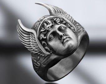 Sterling Silver Hermes Ring – Greek Mythology, Oxidized Detail, Mens Jewelry