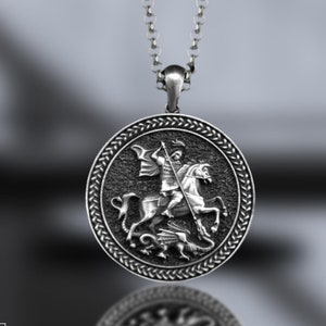 Collar con medallón y amuleto de San Jorge con dragón, collar religioso de plata, joyería de San Jorge para regalo cristiano.