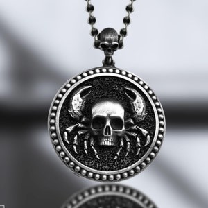 Memento Mori Cancer Skull Zodiac Necklace – Sterling Silver Gothic Pendant with Horoscope Symbol – Memento Mori Astrology Jewelry for Lovers