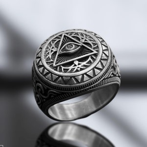 Sterling Silver Eye of Providence Signet Ring: Illuminati Symbol Jewelry