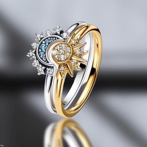 Sterling Silver Sun and Moon Ring Set: Zircon Sapphire Couple Rings