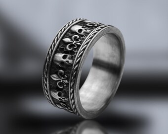 Oxidized Sterling Silver Skull Ring: Handmade Goth Biker Wedding Band