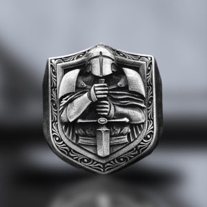 Mens Crusader Knight Handmade Silver Men Signet Ring - Christian Medieval Templar Sterling Silver Ring - Unique Mens Crusader Knight Jewelry