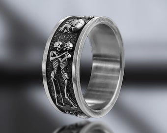 Till Death Do Us Part Gothic Wedding Band, Eternal Kiss Skeleton Ring
