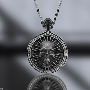 Oxidized Sterling Silver Skull Locket Necklace with Zircon Stone