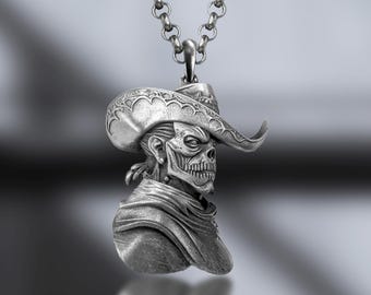 Sterling Silver Cowboy Skull Pendant – Gothic Western Biker Necklace, Handmade Oxidized Jewelry for Men