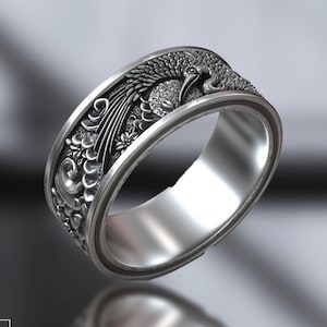 Japanese Shadoof Sun Ring – Sterling Silver Men’s Ornamental Wedding Band – Traditional Asian Oriental Jewelry