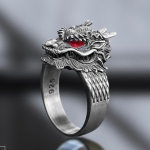 Silver Dragon Ring - Men&#39;s Unique Dragon Ring - 925 Sterling Silver Gothic Jewelry - Mythical Creature Statement Ring