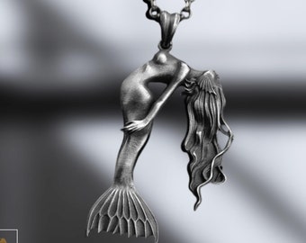 Mermaid Siren Charm – Oxidized Sterling Silver Pendant – Mythical Sea Goddess Jewelry for Women
