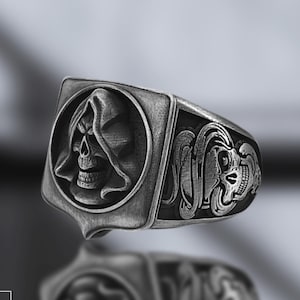 Grim Reaper Ring – Sterling Silver Skull Scythe Band – Gothic Death Symbol Ring – Reaper Skull Ring for Men – Dark Statement Gift