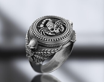 Oxidized Sterling Silver Scorpio Skull Ring: Gothic Signet Ring