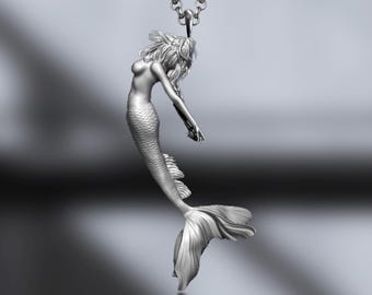 Siren Necklace, Sterling Silver Mermaid Pendant, Mythological Jewelry, Goddess of the Sea, Unique Fantasy Necklace