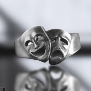Theater Comedy and Tragedy Masks Ring, Theater Mask Silver Ring, Duel Faced Theater Mask Ring for Men, Comedy Mask Ring, Artist Mask Ring