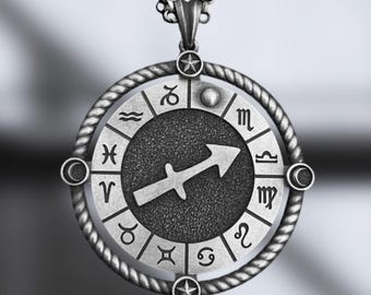 Sagittarius Zodiac Necklace – 925 Sterling Silver Pendant with Horoscope Symbols – Handmade Astrological Jewelry Gift