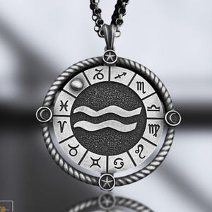 Aquarius  Zodiac Necklace – 925 Sterling Silver Pendant with Horoscope Symbols – Handmade Astrological Jewelry Gift