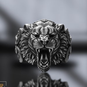 925 Sterling Silver Lion Head Ring – Oxidized Handmade Men&#39;s Statement Ring, Gothic Leo Zodiac Jewelry, Unique Gift for Him