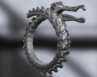 Sterling Silber Dinosaurier Skelett Ring, T-Rex Fossil & Spinosaurus Schädel, Ouroboros Drachen Design, einzigartiger Gothic Statement Schmuck