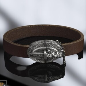 Leather Wrap Sterling Silver Bracelet gift for boyfriend, Boho Biker Leather Bracelet, Silver Skull Dark Brown Leather Bracelet gift for Men