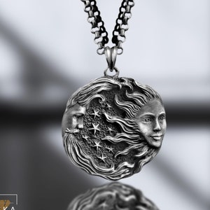 Sun and Moon Celestial Love Between Necklace, Day and Night Sky Necklace in Silver, Couple Medallion Necklace For Girlfriend,Family Necklace