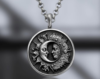 Sterling Silver Sun Moon Necklace, Oxidized Celestial Medallion Pendant, Mystic Balance Jewelry