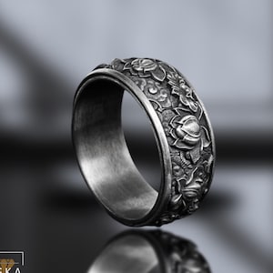 Japanese Lotus Flower  Kanji Ring – 925 Sterling Silver Ornamental Men’s Band – Symbol of Purity, Wisdom & Balance – Gift for Him
