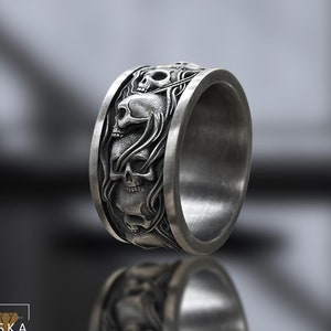 925 Sterling Silver Handmade Skull Band Ring – Gothic Style Skeleton Ring for Men – Unique Punk Rock Jewelry Gift