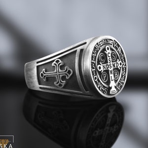 Saint Benedict Antique Silver Ring For Men, Unique Rings Saint Benedict Exorcism Ring, 925k Silver Men Signet Ring, Religious Rings for Him