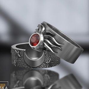 Set di anelli Sole e Luna in argento sterling – Gioielli celestiali, anelli di coppia, design solare lunare