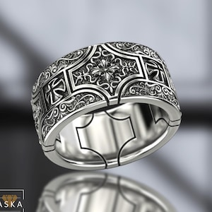Silver Maltese Templar Cross Band Ring – Wide Engraved 925 Sterling Silver Ring – Handmade Religious Wedding Band for Men