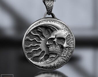 Handmade Sterling Silver Skull & Moon Pendant: Gothic Memento Mori Jewelry