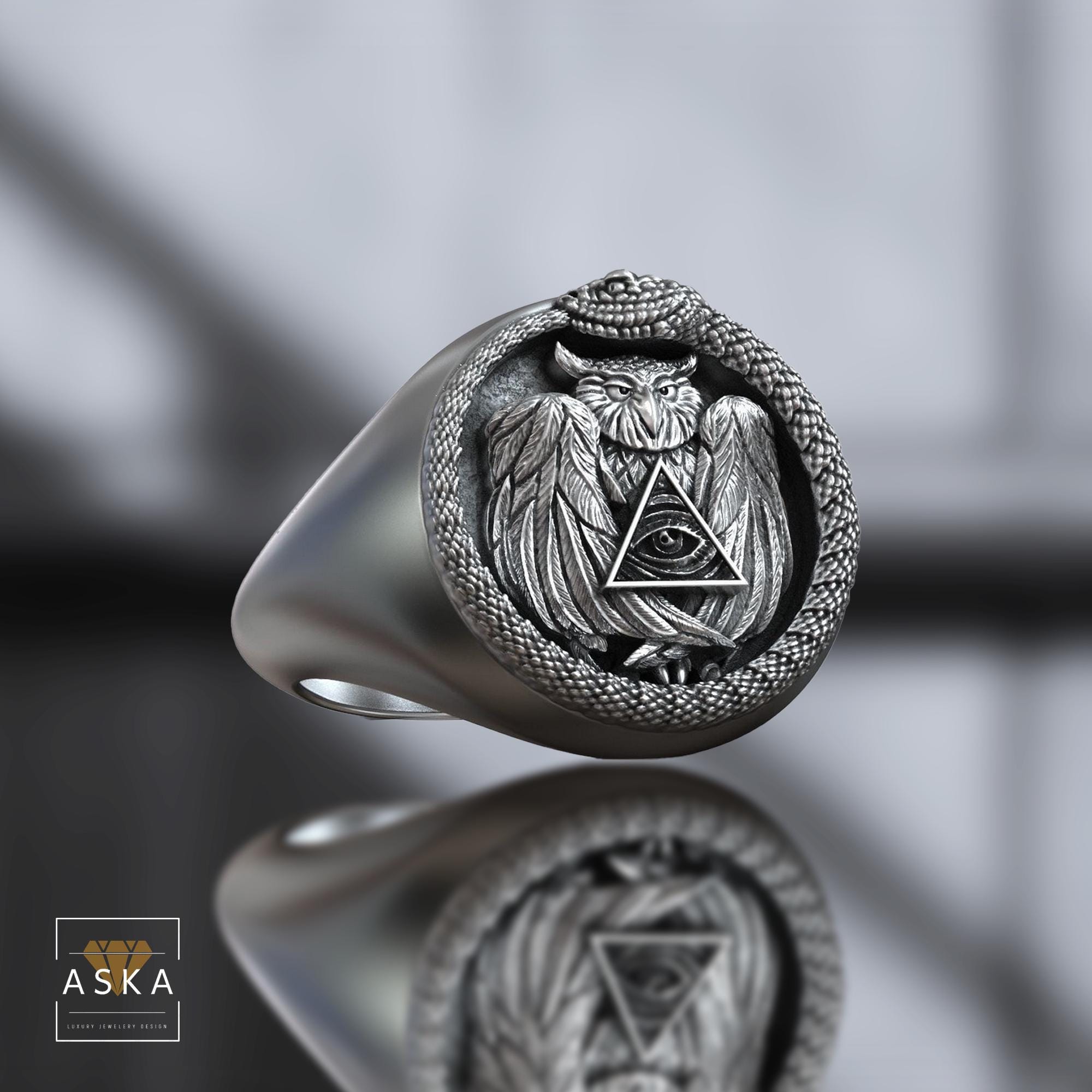 Ouroboros Owl Signet Ring: Sterling Silver Illuminati Symbol