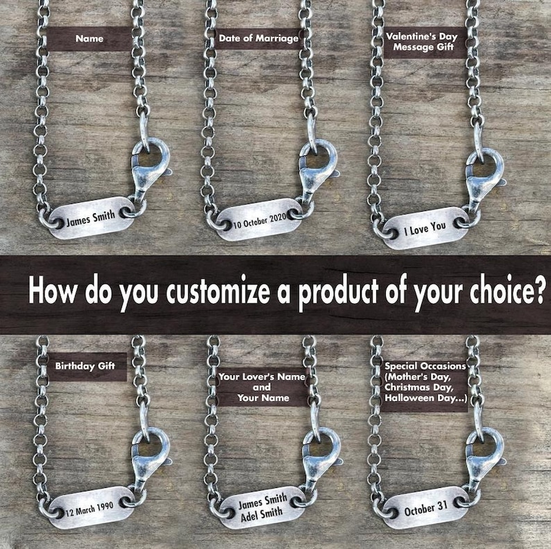 Op de afbeelding: Een verzameling zilverkleurige kettingen met gepersonaliseerde naamplaatjes. Elke ketting heeft een ketting en een sluiting. De naamplaatjes tonen teksten zoals "James Smith", data en zinnen als "I Love You". De afbeelding bevat de tekst "How do you customize a product of your choice?"