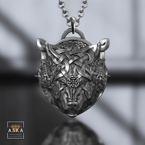 Oxidized Sterling Silver Fenrir Wolf Necklace - Norse Viking Totem