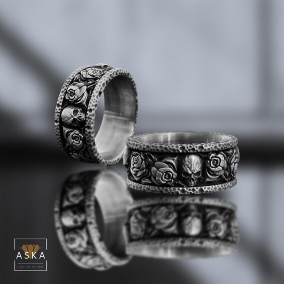 925 Sterling Silver Skull and Roses Band Ring – Gothic Punk