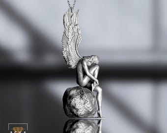 Sterling Silver Fallen Angel Pendant: Gothic Winged Necklace